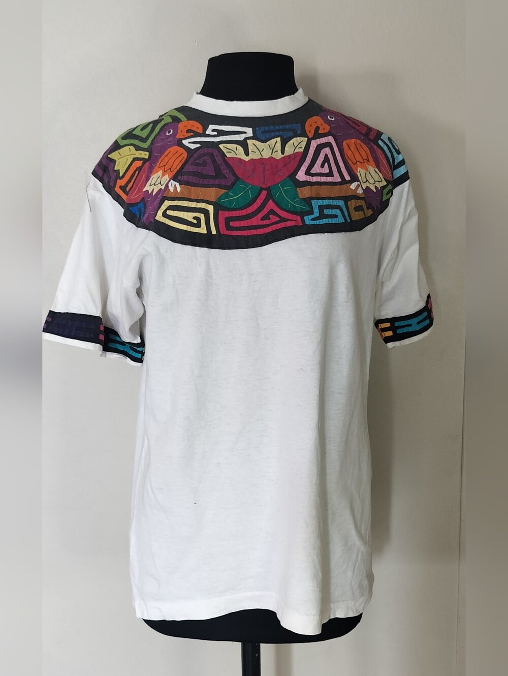 White Short-Sleeve Shirt with Colorful Tribal Yoke,Panamanian Mola